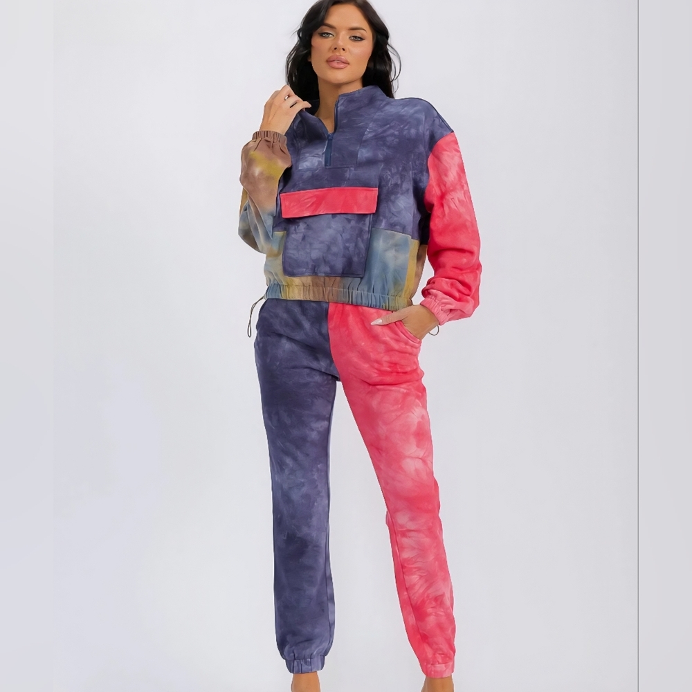 L121 NWT L'Rev37 Tie Dye 2 Pc Sweatsuit Set Long Sleeve Elastic Waist Sm Md Lg